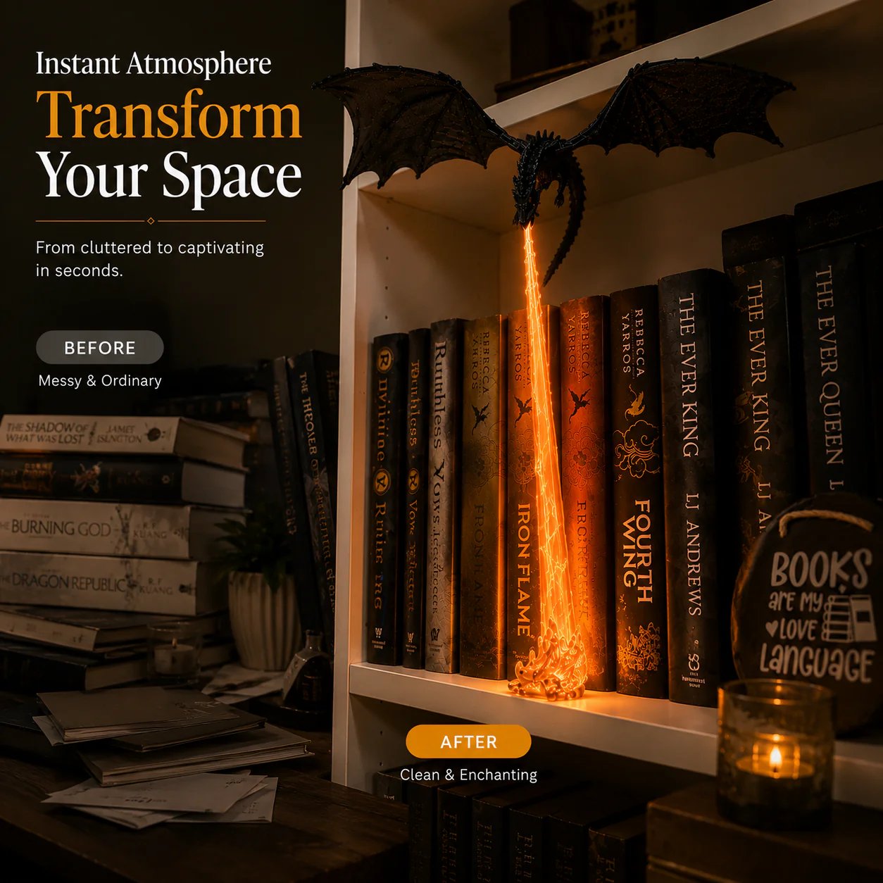 🔥 LAST DAY 50% OFF-🐉 Fire-Breathing Dragon Bookshelf Lamp – Fantasy LED Shelf Decor