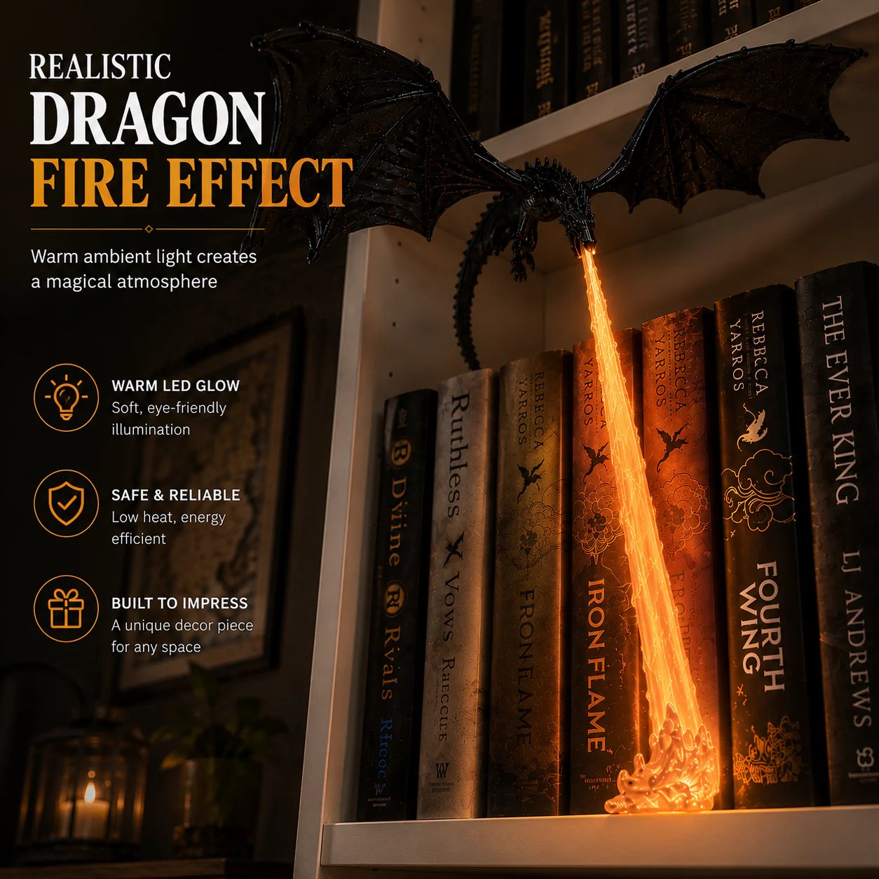 🔥 LAST DAY 50% OFF-🐉 Fire-Breathing Dragon Bookshelf Lamp – Fantasy LED Shelf Decor